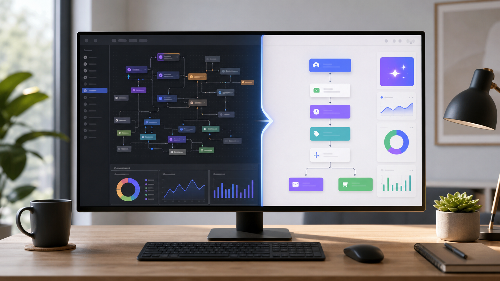 Visual comparison of complex marketing automation and a focused AI email funnel workflow.