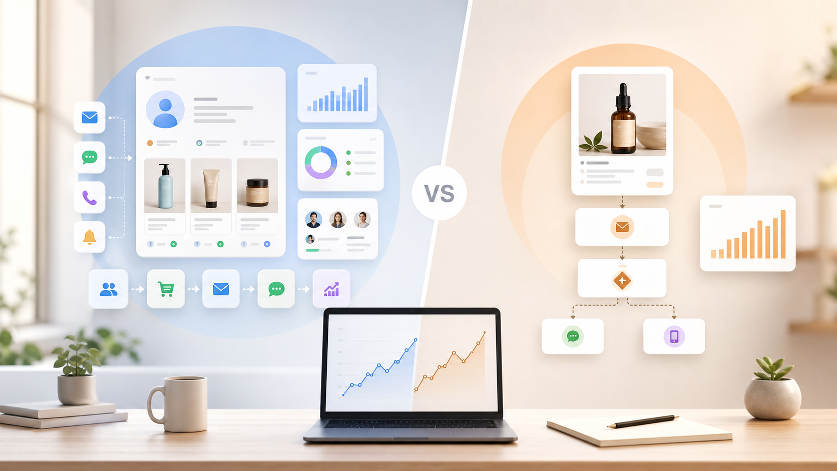 Visual comparison of a broad marketing platform and a focused AI email funnel workflow.